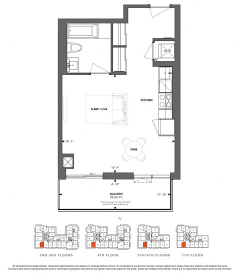 Floor plan for studio, 1 bath, 503 sqft